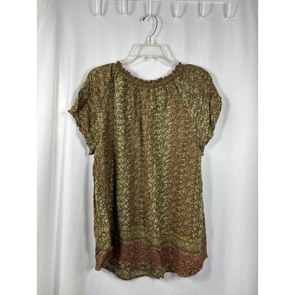Faded Glory Womens XXL Olive Green Ditsy Floral Rayon Boho Crochet Trim Blouse - Picture 3 of 3